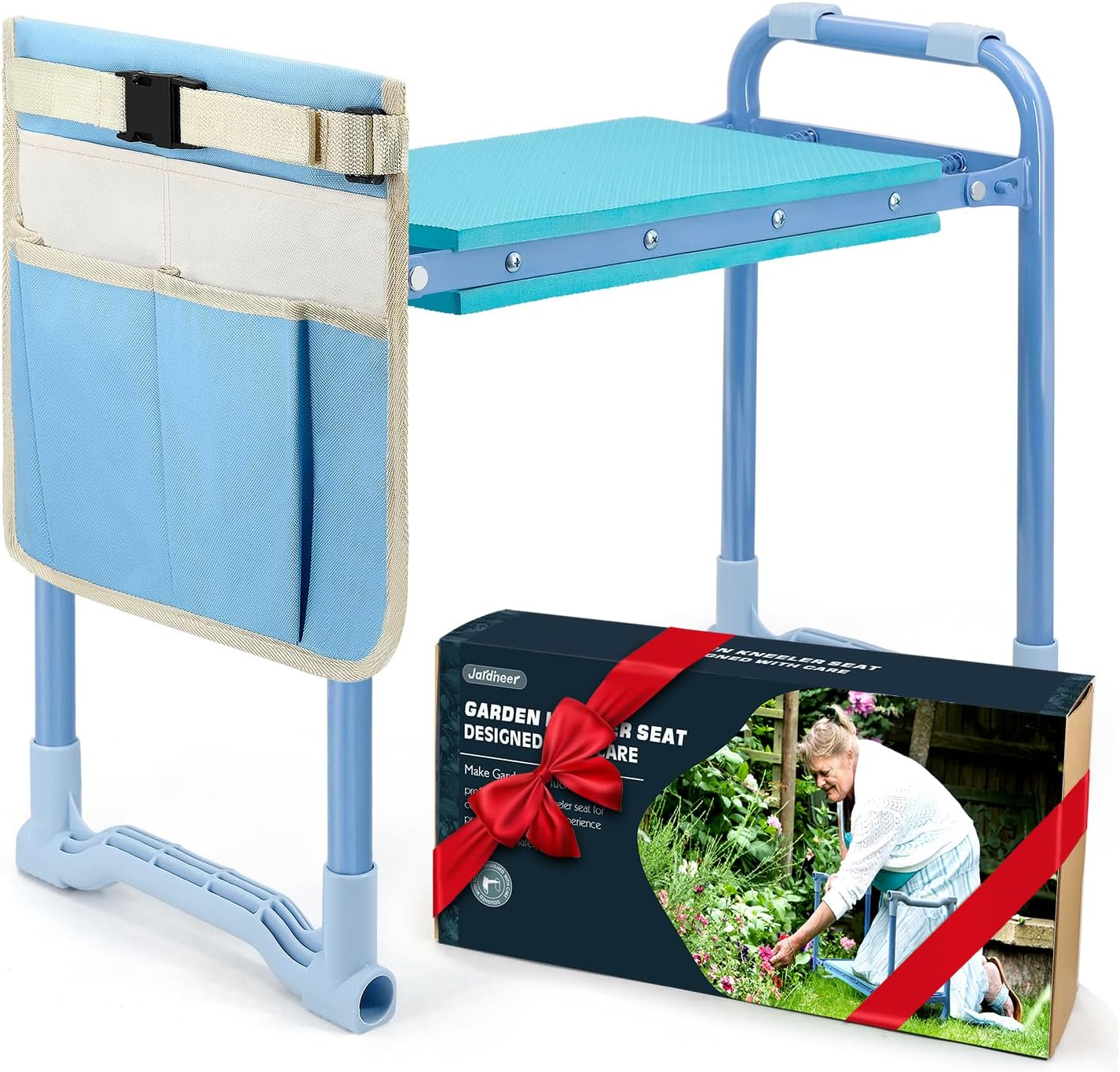 Jardineer Folding Garden Kneeler and Seat, 10 Inch Wider Kneeling Bench Stool, Portable Gardening Workseats with Tool Bag and Padded Cushion, Garden Gift for Women Seniors(Blue)