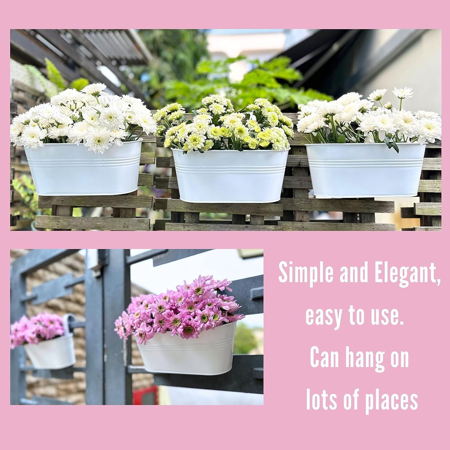 Maxona Metal Iron Hanging Flower Pots, 6 Pack, 9.8 Inch Oval White Railing Fence Hanging Bucket Pots Countryside Style Window Flower Plant Holder with Detachable Hooks Home Décor
