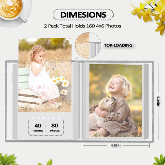 Popotop 2 Pack Photo Album 4x6 Pictures, Small Linen Slip-in Photo Albums Book for 80 Photos with 40 Pockets, Birthday Gifts for Women Mom Family Baby