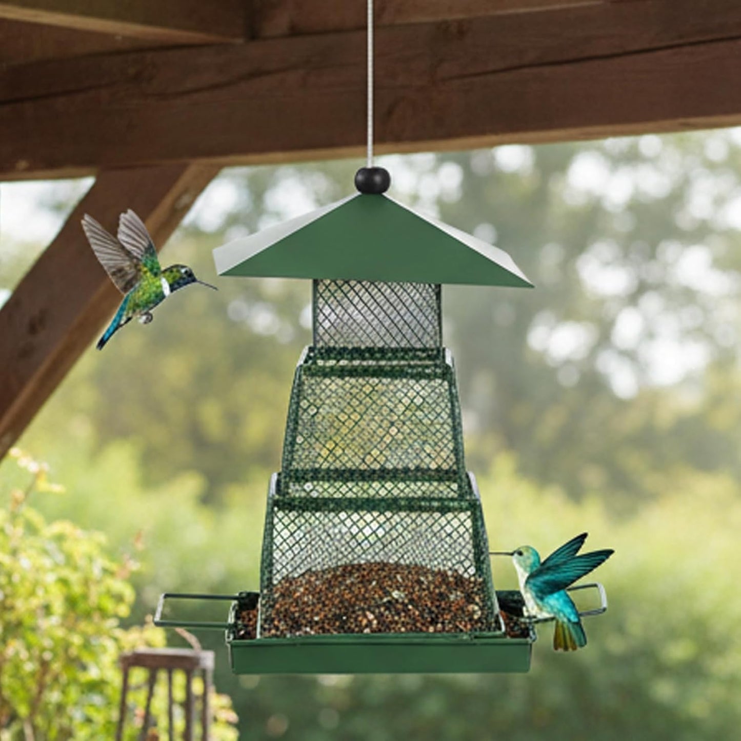 Hanging Bird Feeder, Portable and Collapsible Metal Bird Feeder with Tray Large Capacity Weatherproof Rainproof Wild Birdfeeder for Balcony and Backyard, Square