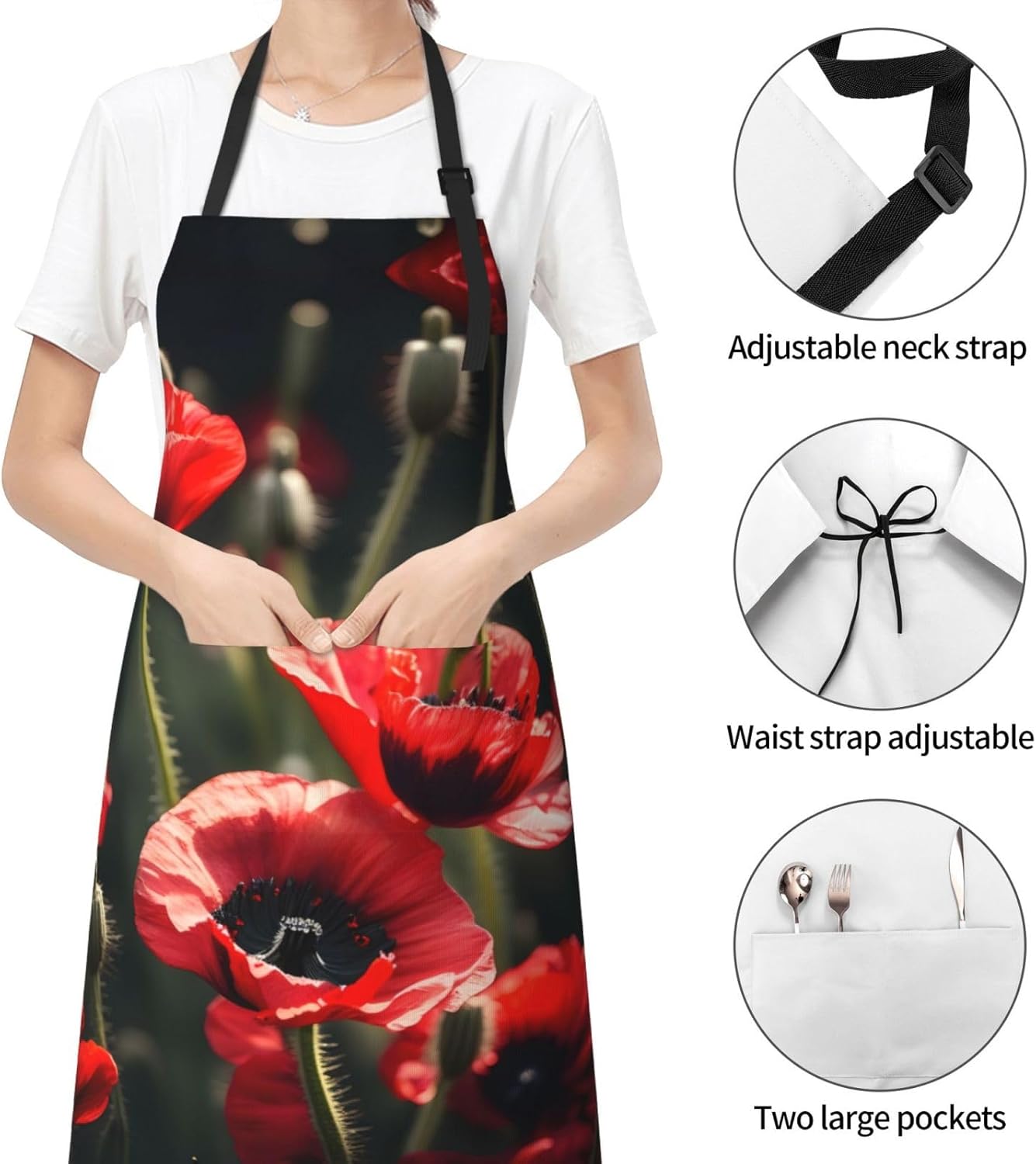 Beautiful Red Poppy Flower Print Laundry apron 28x33 In Waterproof Kitchen Apron with Pockets for Cooking Baking