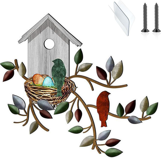 Vehookin Metal Bird Wall Decor, Bird Art Wall Decor with Adhesives & Nails, Birdhouse Metal Wall Hangings for Living Room Bedroon, Outdoor Garden Porch, 12.2 x 10.6 inches