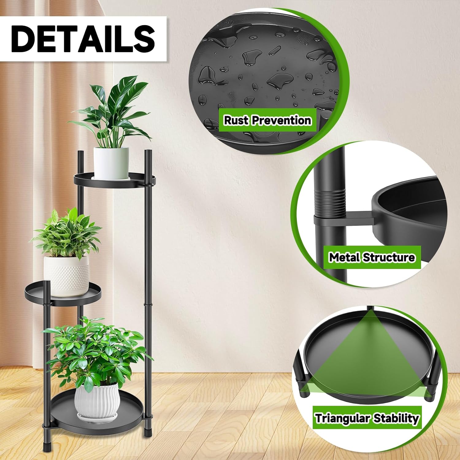 3-Tier Metal Plant Stand for Indoor & Outdoor, Heavy Duty Corner Flowe