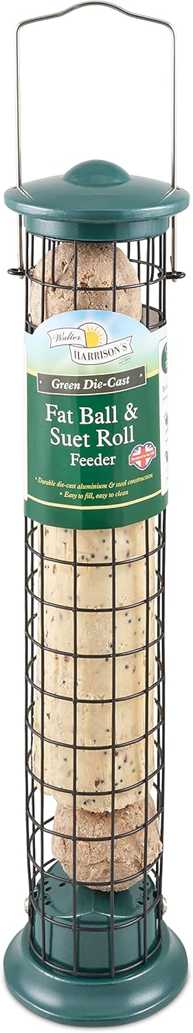 Walter Harrison's Green Die Cast Wild Bird Suet Roll and Fat Ball Hard-Wearing Hanging Feeder - 40 cm