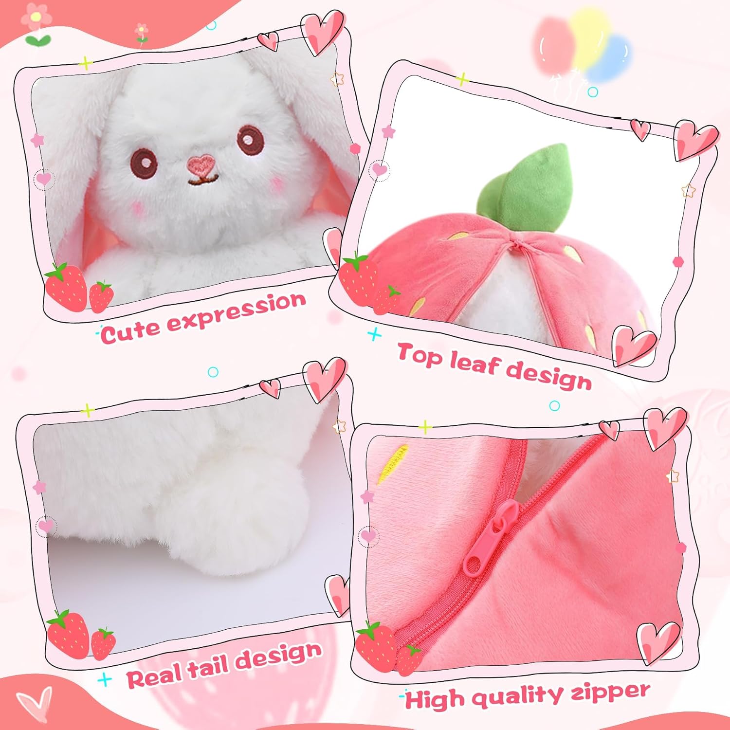 MIAODAM Bunny Stuffed Animal Reversible Cuddle Bunny Stuffed,Strawberr