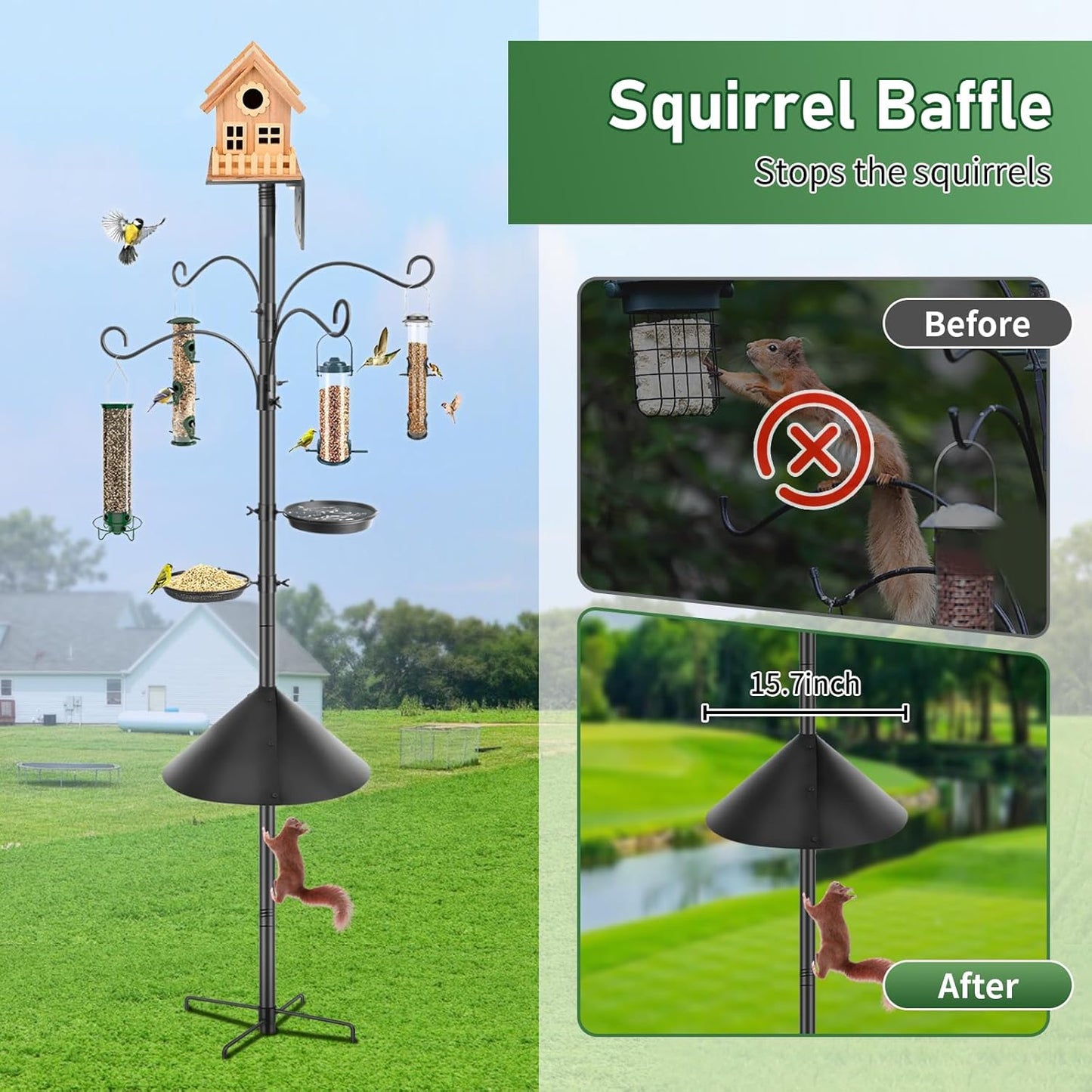 Bird Feeder Pole Squirrel Proof, 92 Inch Heavy Duty Feeding Station Tall Birds Feeders Stand House Pole with Baffle for Outdoors,1 Pack