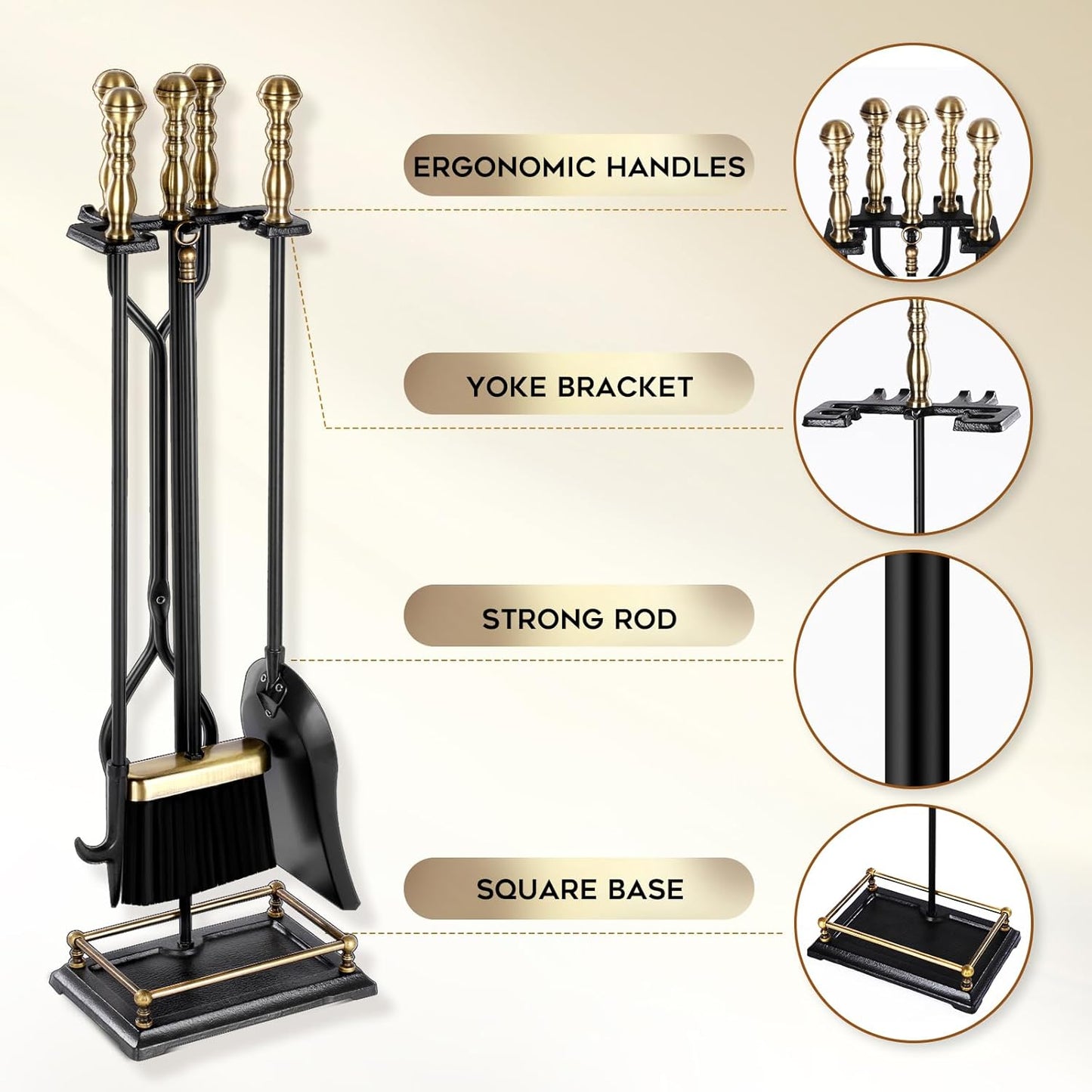 FEED GARDEN Fireplace Tools Set 5 Pieces Modern 30 Inch Outdoor Wrought Iron Fireplace Elegant Brass Handles Accessories Set with Poker, Tongs, Shovel, Brush, Base