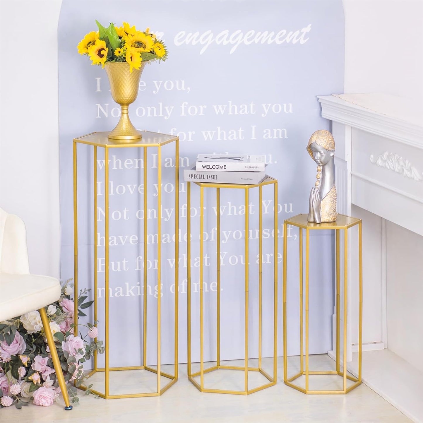Set of 3 Metal Cylinder Stands for Party Centerpieces, Hexagon Nesting Pedestal Stands, Gold Cake Flower Plant Display Stands, Tall Columnar Vases for Birthday Party Event Home Wedding Decor (Gold)