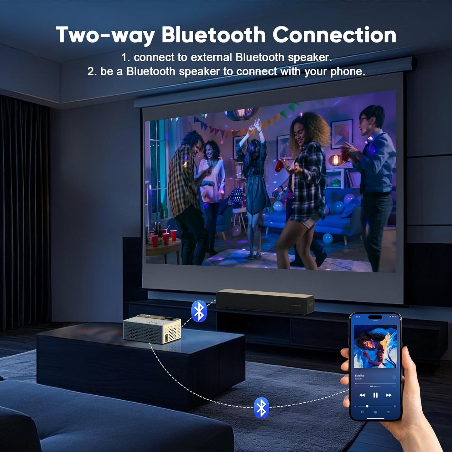 TMY 1080P Full HD Portable Mini Projector, Upgraded Bluetooth Movie Projector with Screen, Compatible with TV Stick Smartphone/HDMI/USB, Indoor & Outdoor Use