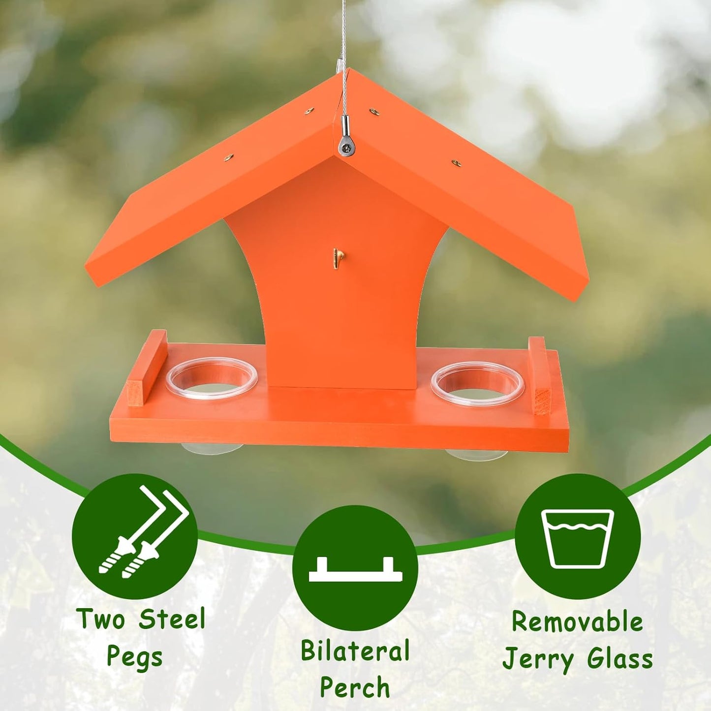 Oriole Feeder for Outdoors Hanging, Wooden Feeder for Oriole Birds with Pegs for Orange Halves, 6 Removable Cups for Jelly or Jam,Fruit,Nectar or Seed, Orange