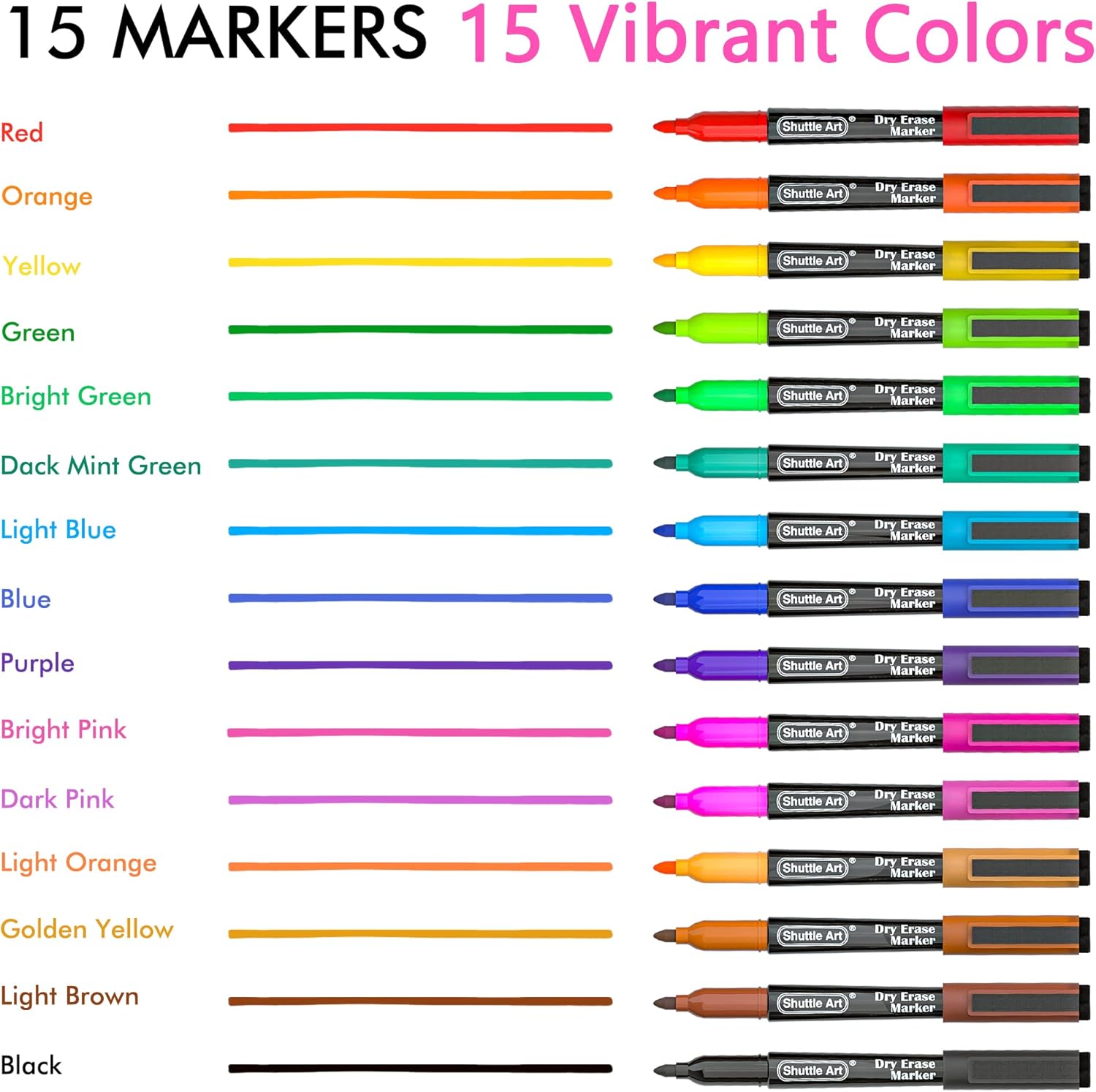 Shuttle Art Dry Erase Markers, 15 Colors Magnetic Whiteboard Markers, 