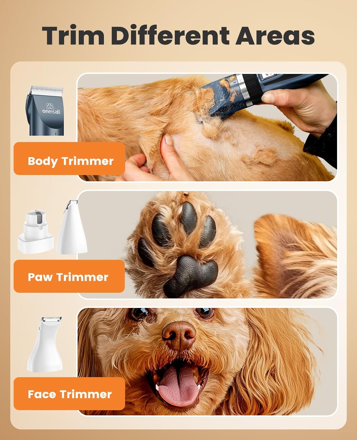 oneisall 4 in 1 Dog Clippers and Paw Trimmer Grooming Kit, Low Noise C