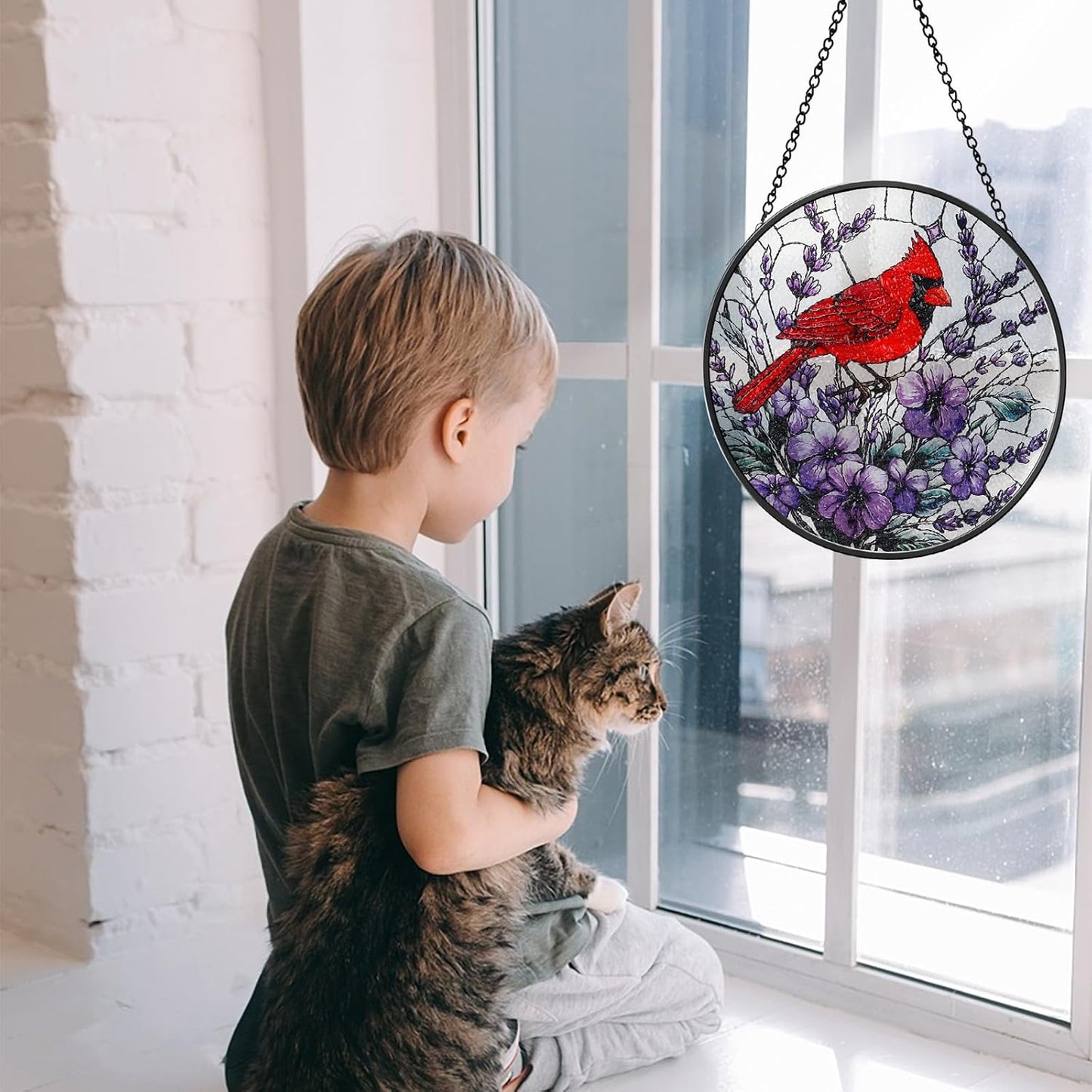 Stained Glass Window Hanging, Cardinal on a Flower Sun Catcher for Window Door Home Decor Suncatcher Decor for Christmas Mother's Day Birthday Gifts for Women Men Mom and Nana 7.87 inch