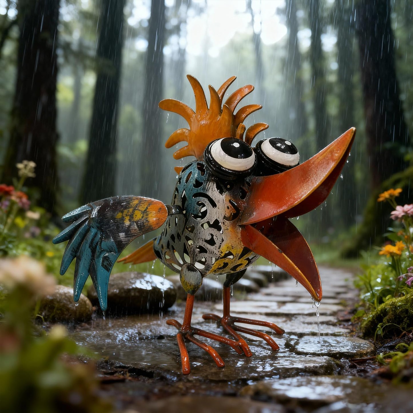 Art Deco Metal Rooster Garden Statue, Weatherproof Outdoor Indoor Deco