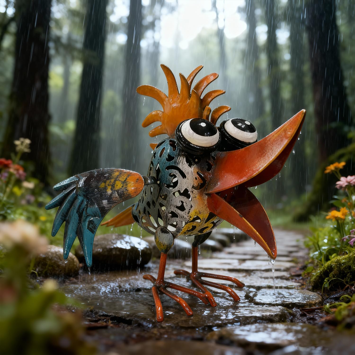 Art Deco Metal Rooster Garden Statue, Weatherproof Outdoor Indoor Deco