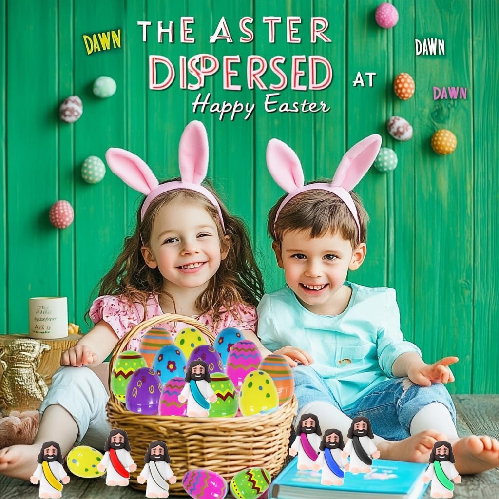 24 Pcs Prefilled Easter Eggs with Mini Jesus Figurines Resin Toys Great for Kids Girls Boys Toddlers Easter Egg Hunt Fillers Easter Basket Stuffers Party Favors Gifts