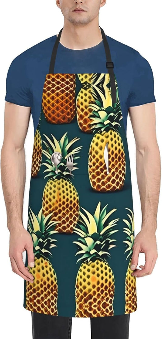 Retro Pineapple print Waterproof chef's apron with pocket apron for kitchen cooking baking barbecue and gardening