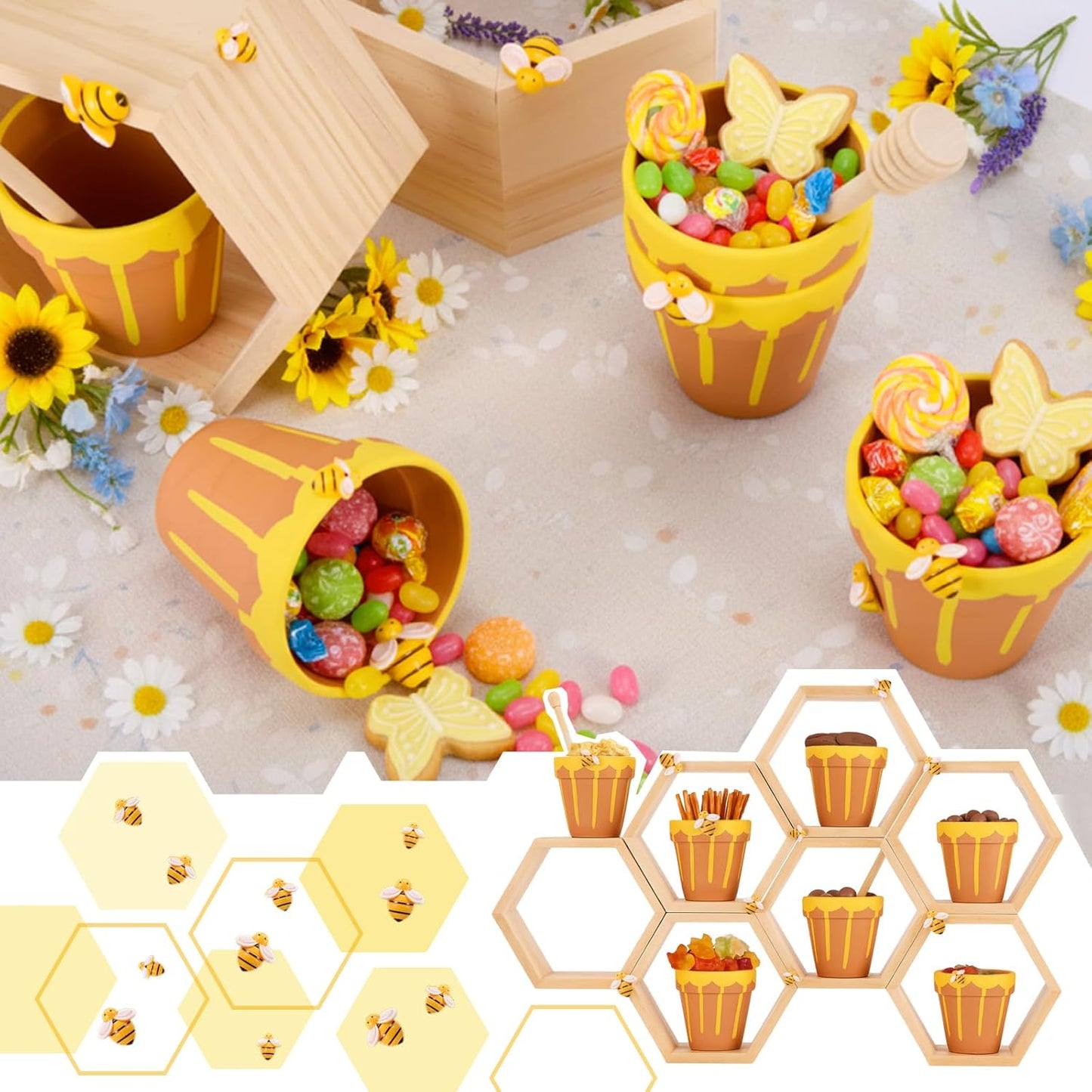 12 Set Ceramic Mini Honey Bee Pots with Honeycomb Stand Dippers Bee Charms Cupcake Planter Hexagon Display Holder Honey Party Favors for Baby Shower Guests Wedding Birthday Party Decor