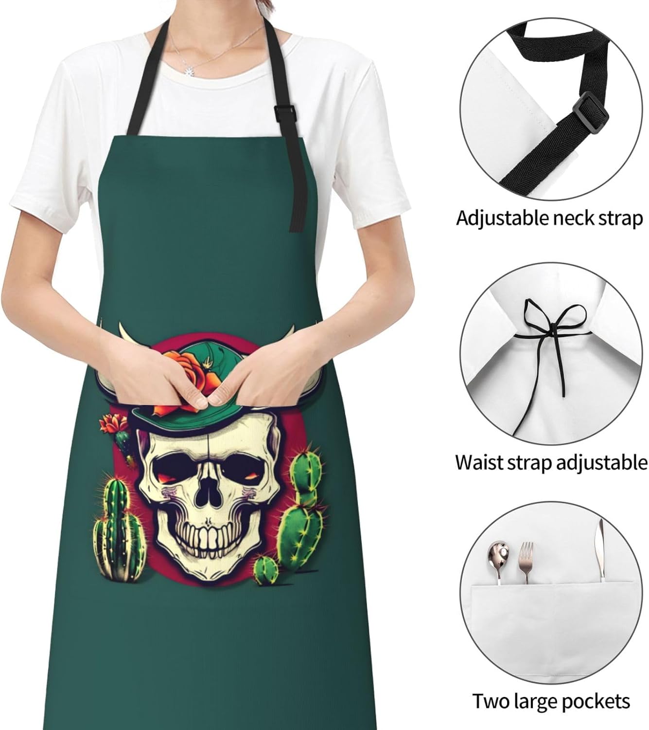 Skull of Bull and Cute Cactus print Waterproof chef's apron with pocket apron for kitchen cooking baking barbecue and gardening
