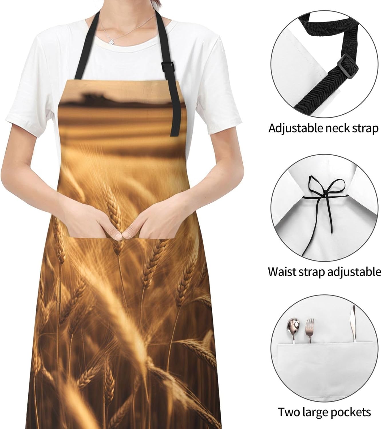 YANYU Wheat Field Print 28x33 In Kitchen Apron Stylish Chef Apron with Pockets for Cooking Baking Painting