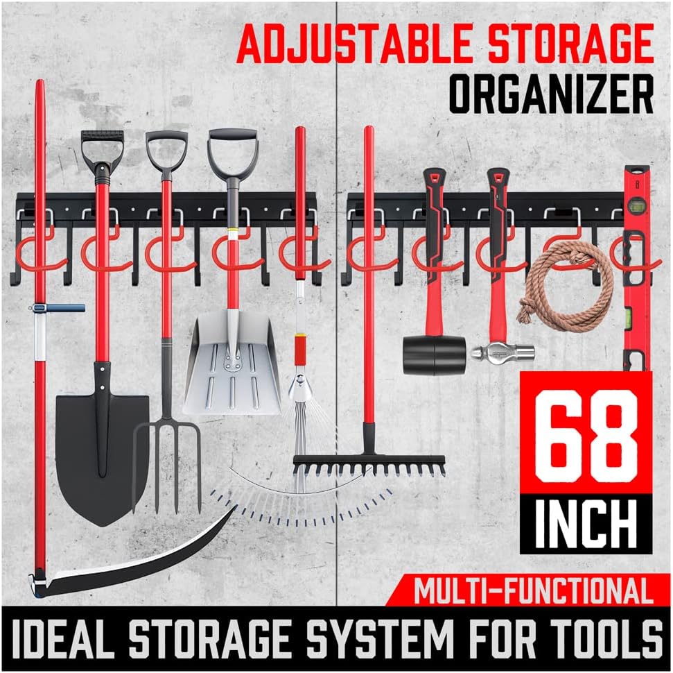 SEDY 68" All Metal Garden Tool Organizer Hooks - Garage Wall Organizer Sturdy Garden Tool Storage System Yard Tool Garage Tool Organizer Wall Mount Shed Organization Shovel Broom Rake Holder