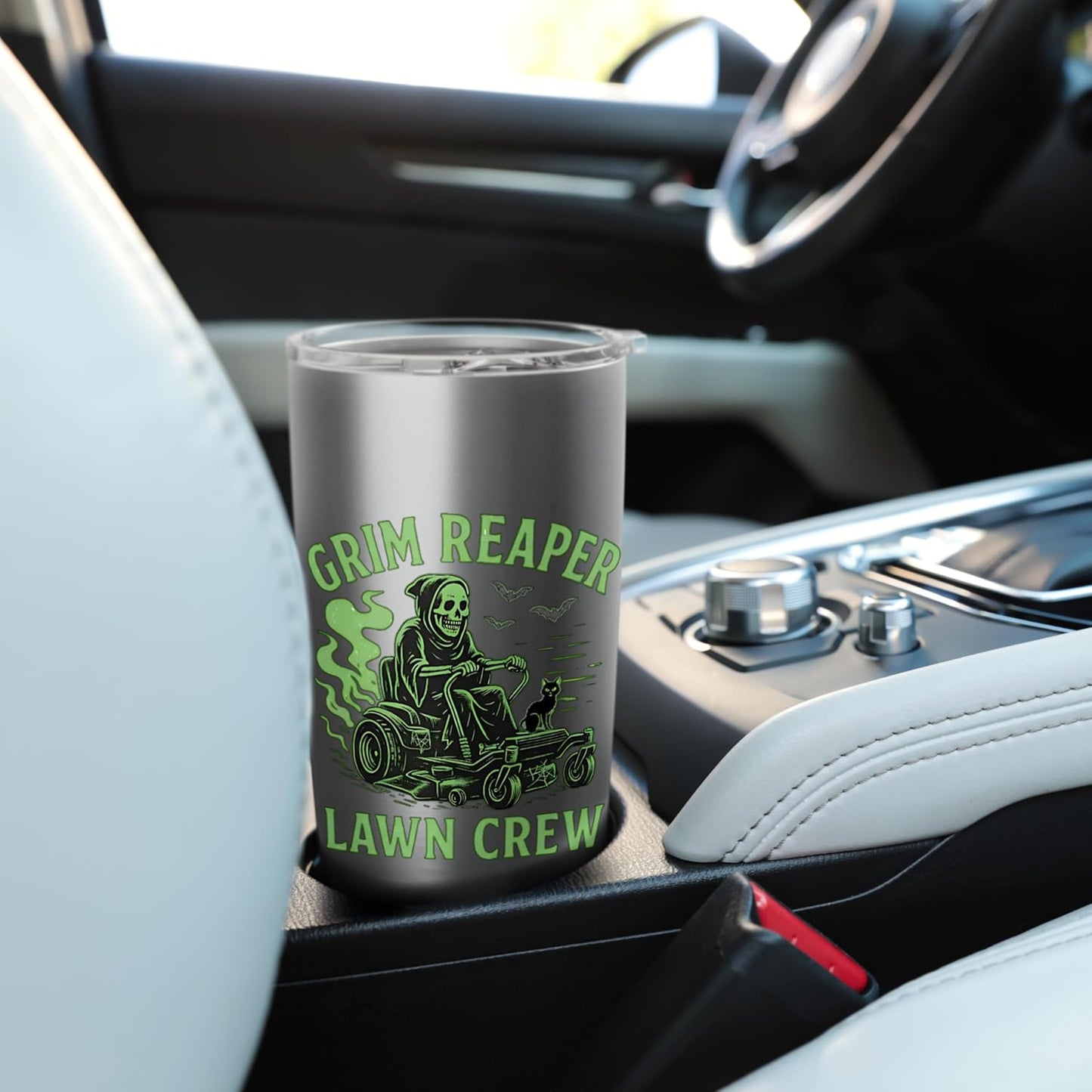 Grim Reaper Riding Lawn Mower Halloween Lawn Care Stainless Steel Insulated Tumbler