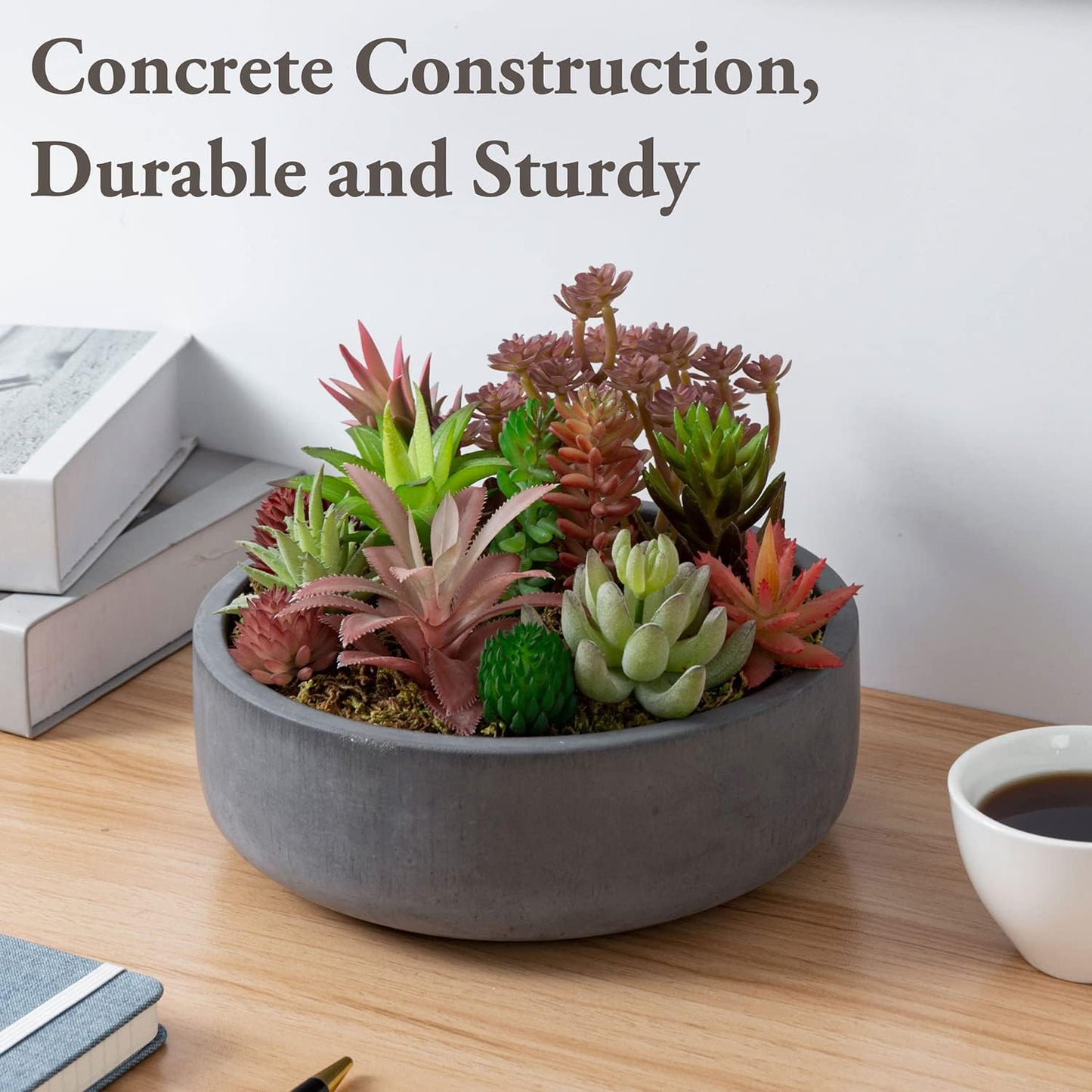 MyGift 8 Inch Round Unglazed Cement Planter Pot with Drainage Hole, De