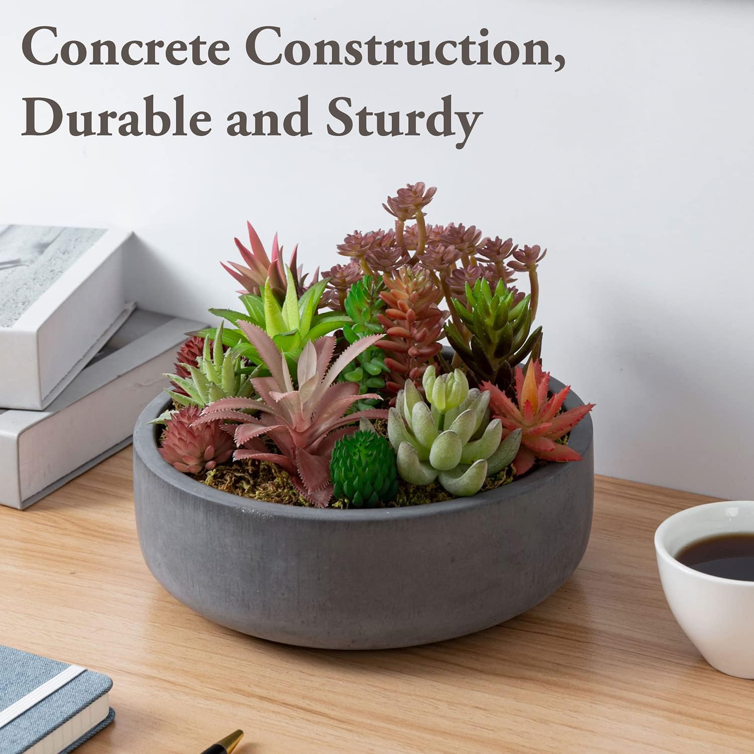 MyGift 8 Inch Round Unglazed Cement Planter Pot with Drainage Hole, De