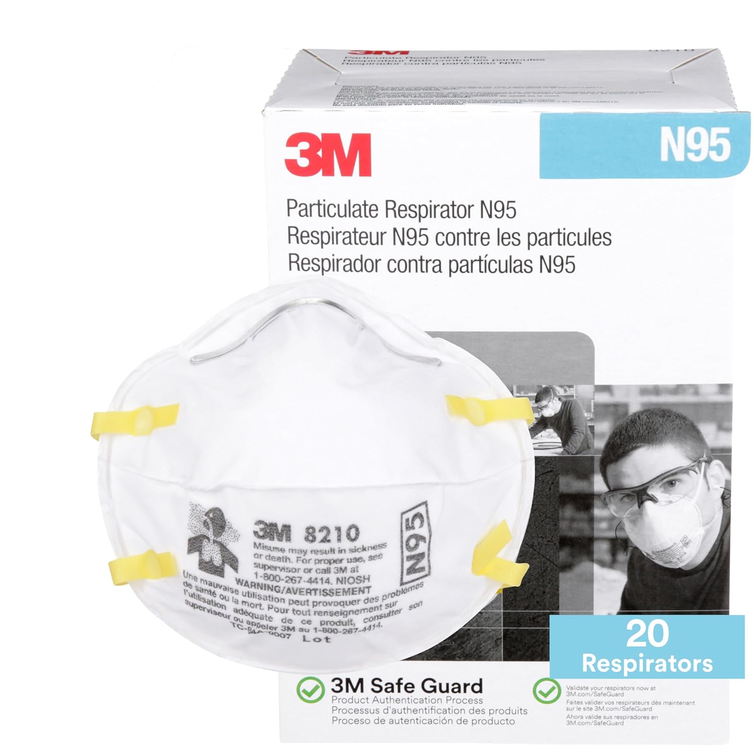 3M 8210 Particulate Respirator, N95, Pack of 20 Disposable Respirator,