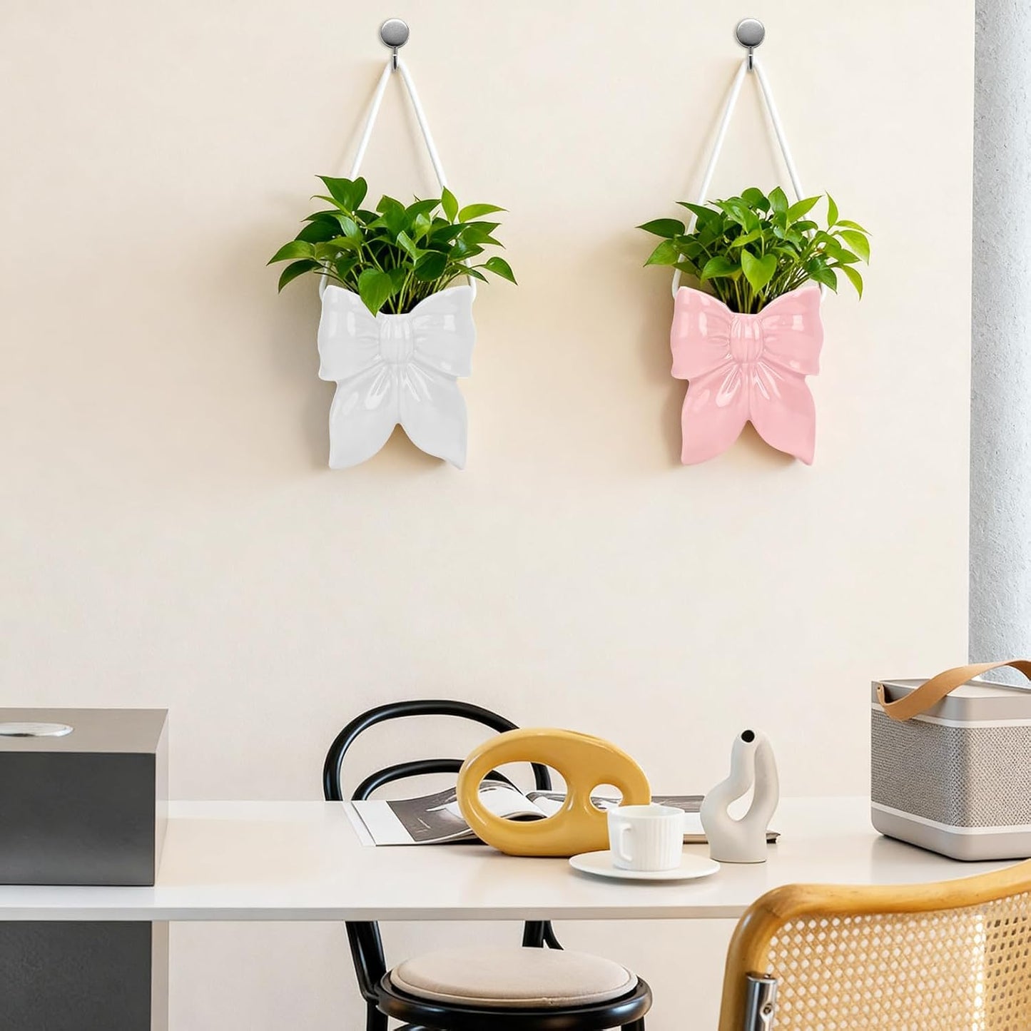 Butterfly Wall Decor Ceramic Hanging Vase, 2 Pack Boho Coquette Planter for Air Plants, Faux Greenery, Home Office Bedroom Indoor Decor, White and Pink