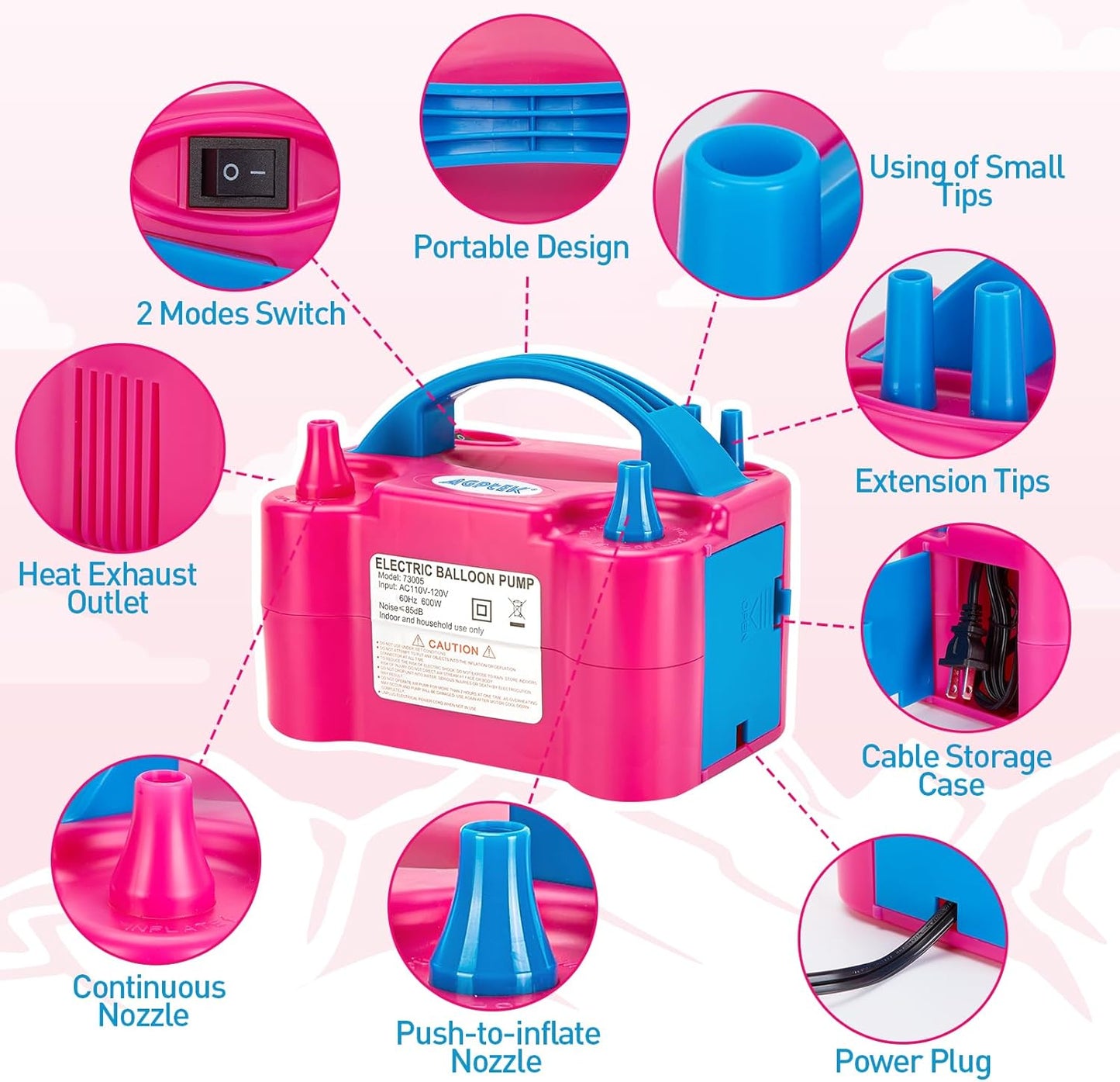 AGPTEK Electric Air Balloon Pump, 110V 600W Rose Red Portable Dual Nozzle Inflator/Blower for Party Decoration