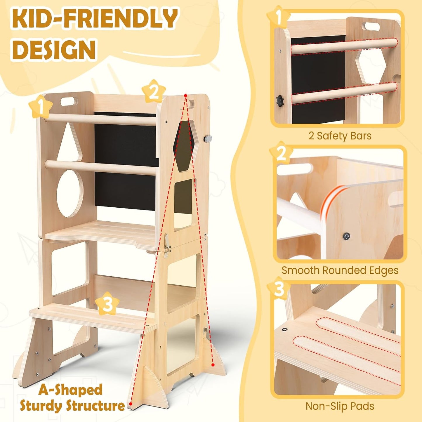 4-in-1 Toddler Kitchen Step Stool, Foldable Learning Standing Tower wi