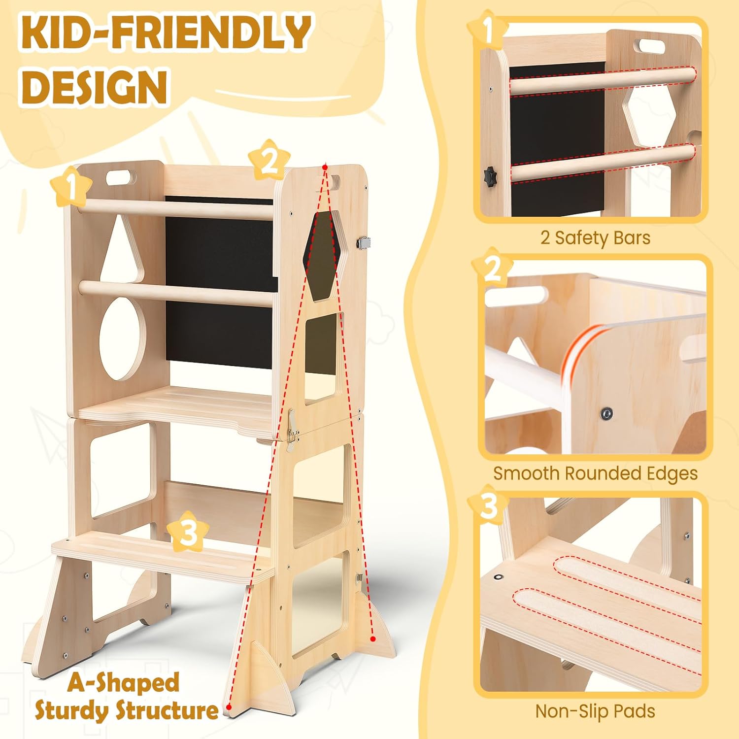 4-in-1 Toddler Kitchen Step Stool, Foldable Learning Standing Tower wi