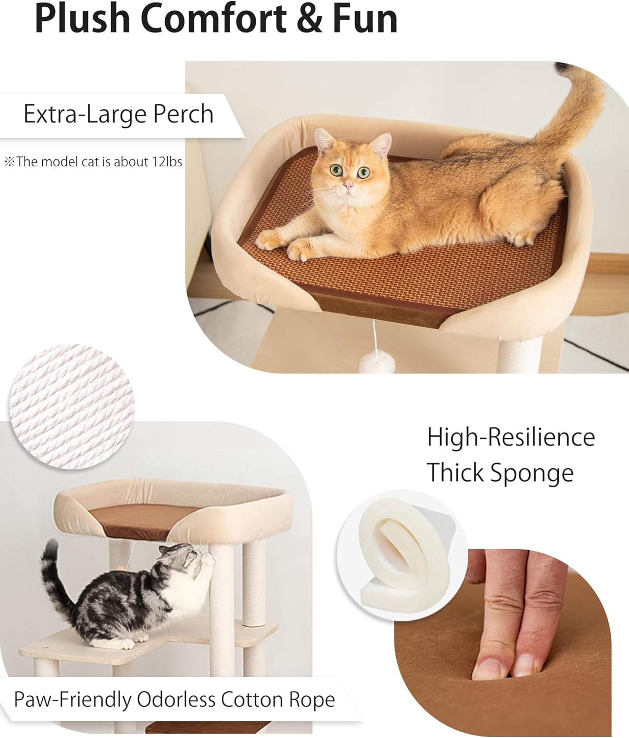 Cat Tree for Large Cats, Modern Senior Friendly Cat Tower with Wide Sh
