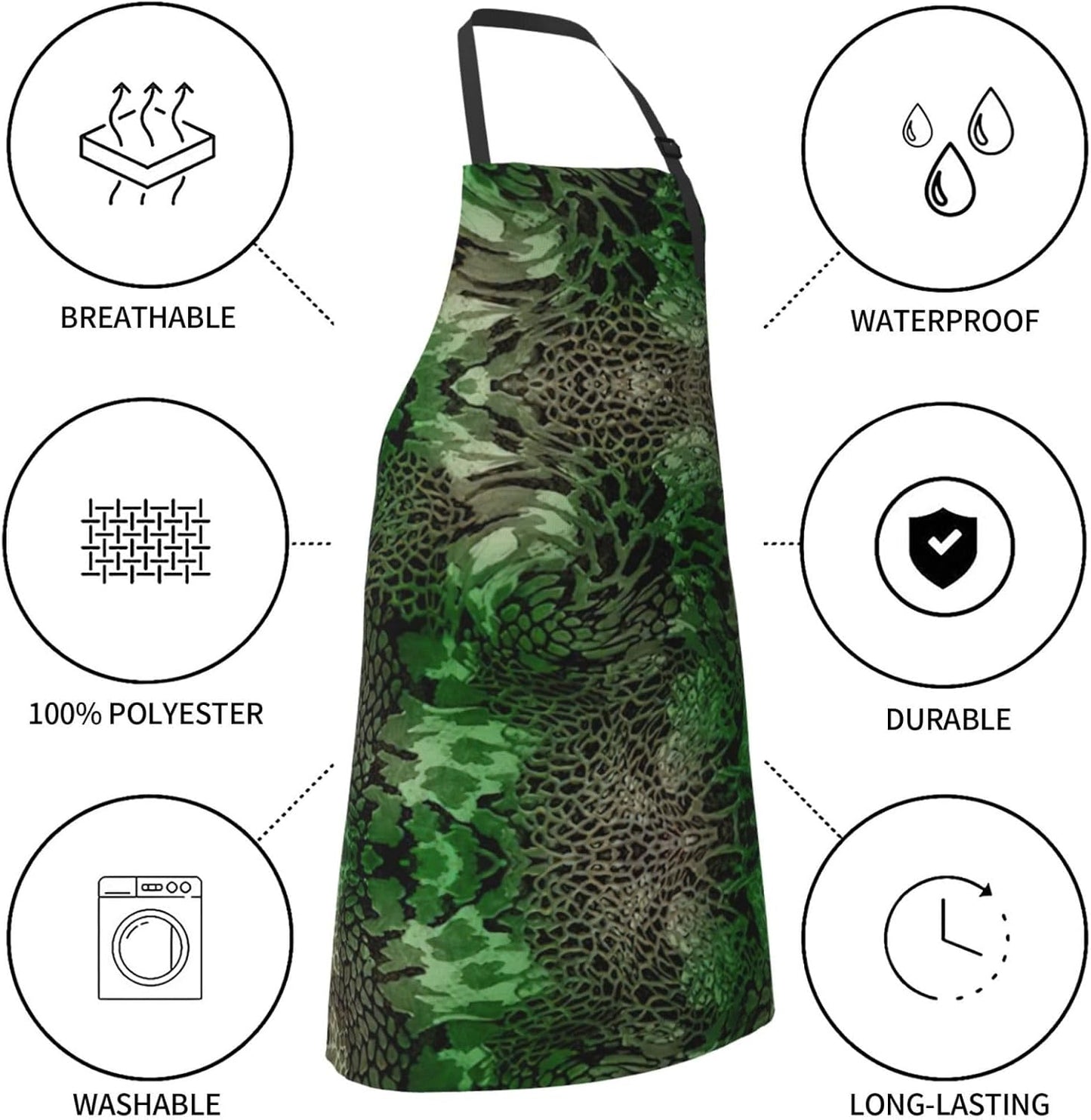 Green Snake Print 28x33 In Adult Kitchen Apron with Pockets Versatile Chef Smock for Cooking Baking