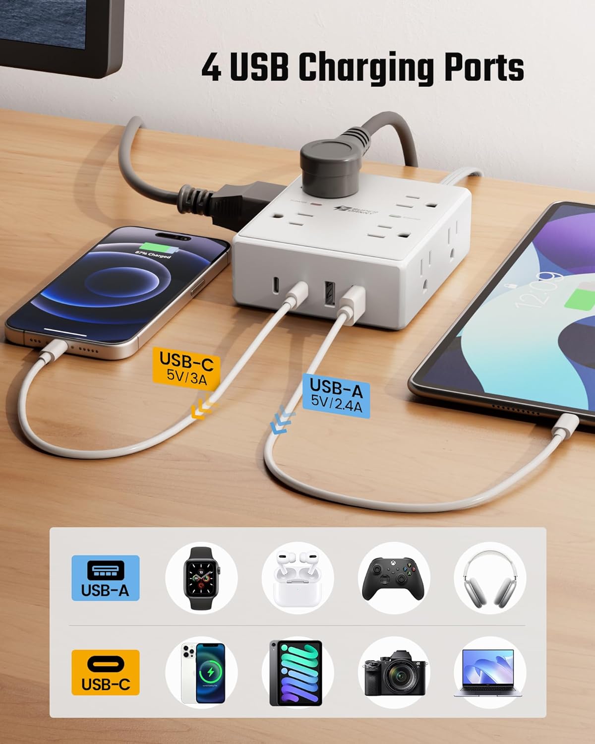 10Ft Extension Cord with Multiple Outlets, Flat Plug Surge Protector P