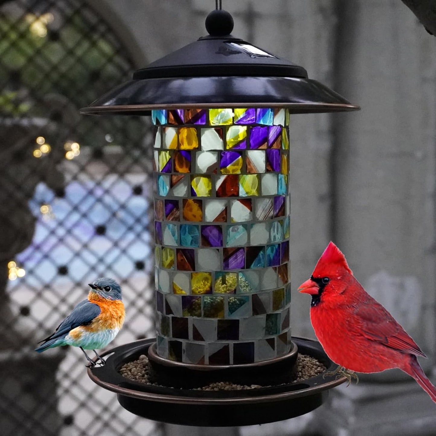 Solar Bird Feeder for Outdoor Hanging - Small Bird Seedes Feeder with Mosaic Stained Glass for Cardinals and Finches - Garden Decor Gift for Parents and Lover (1.5lbs Capacity, Sunset)