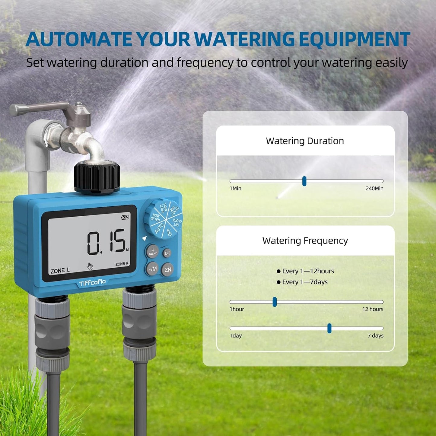 TiFFCOFiO Sprinkler Timer Outdoor, Digital Pogrammable for Garden Hose, Irrigrtion Timer with Rain Delay and Manual Mode (2 Oulets, 1 Pack)