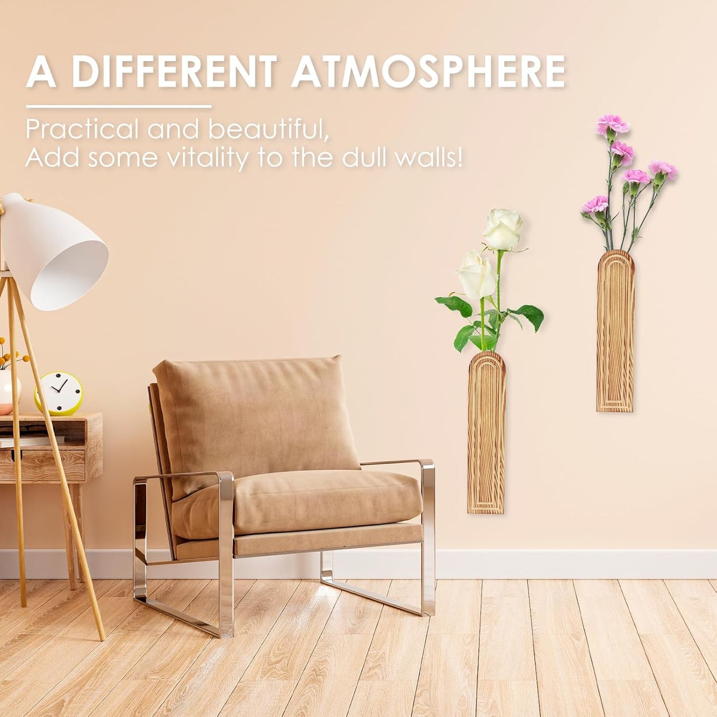 2Pcs Wood Wall Planter Modern Wood Wall Vase Geometric Hanging Planter Farmhouse Pocket Vase Rustic Decor for Indoor Vegetation Living Room Bedroom Decor Artificial Flowers