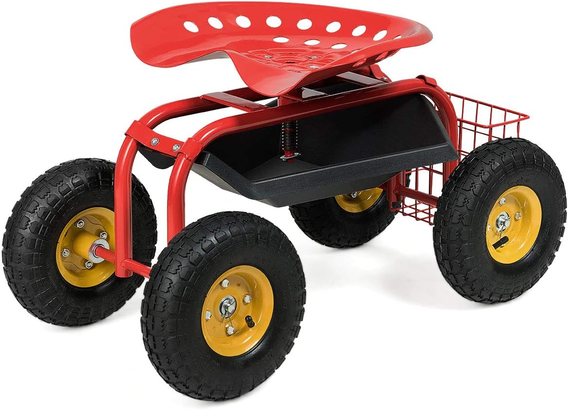 Squareful 4 Wheels Garden Cart, Patio Rolling Workseat w/Tool Tray, & Storage Basket, Outdoor Wagon Scooter for Planting, Rubber Tires & Adjustable Height for Lawn, Garden, Patio, Backyard (Red)