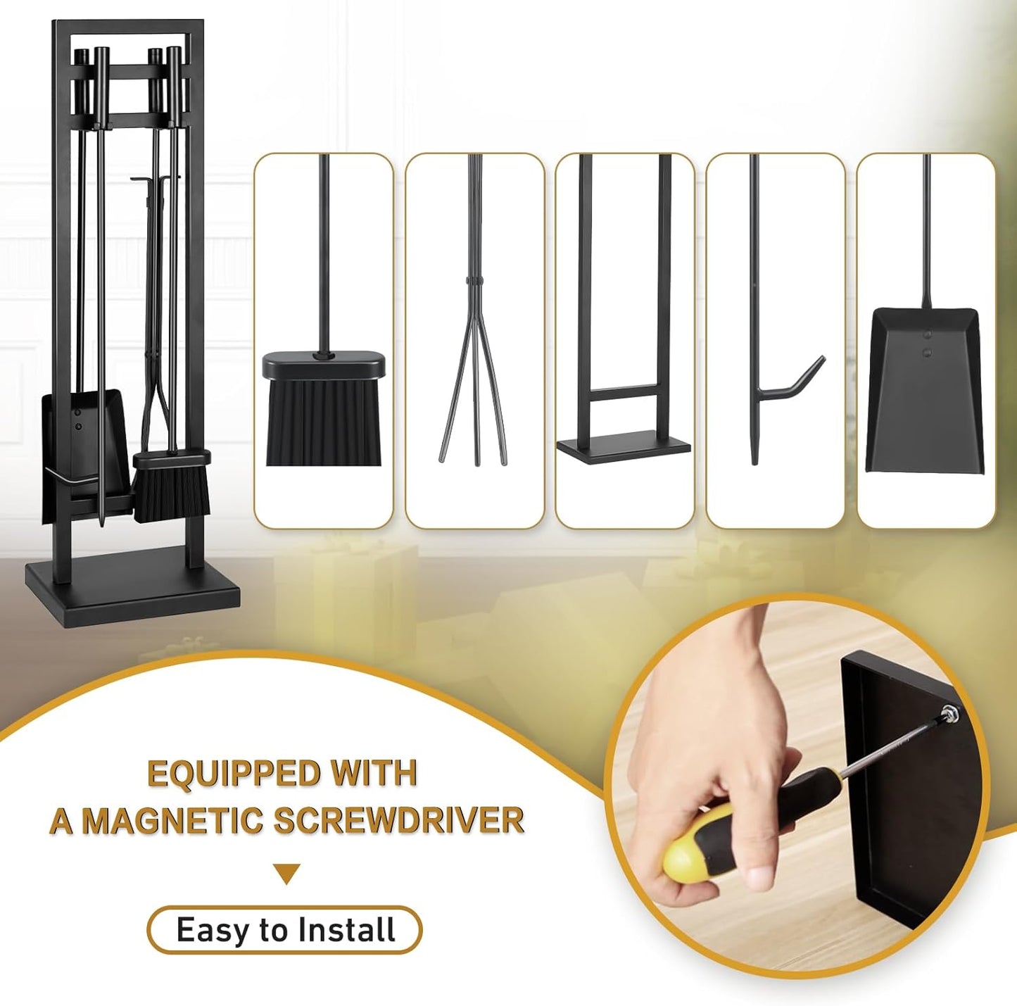 FEED GARDEN Fireplace Tools Set 5 Pieces, 30 Inch Modern Wrought Iron Outdoor Fireplace Accessories Set Long Holder Indoor with Poker, Tongs, Shovel, Brush, Base Black
