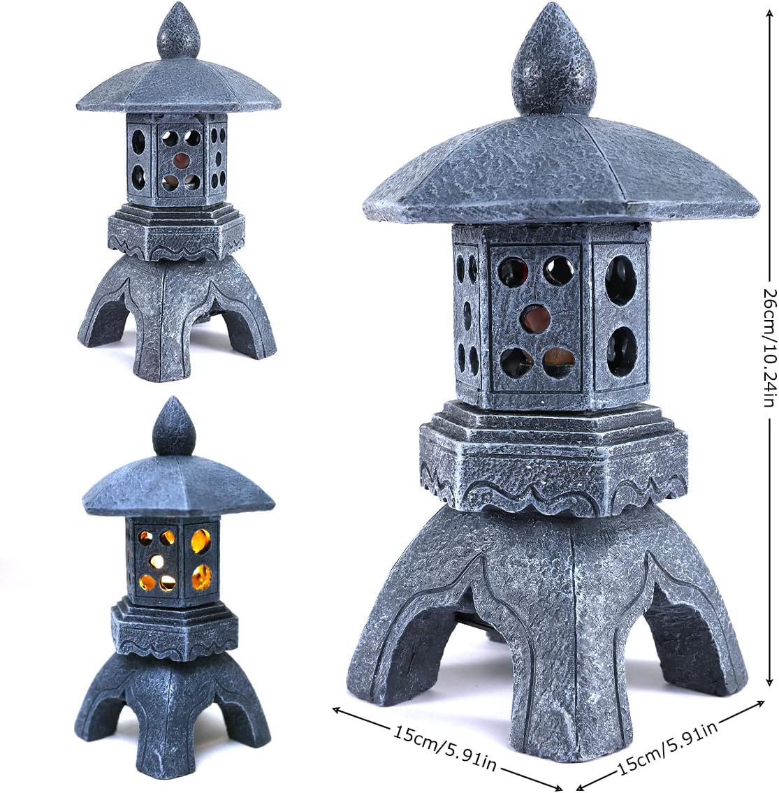 Pagoda Lantern Garden Statue with Solar Lotus Lights, Large Resin Japanese Temple Pagoda Lamp Asian Zen Outdoor Yard Decor for Landscape Patio Porch Lawn Decorations, Christmas Ornament Gift