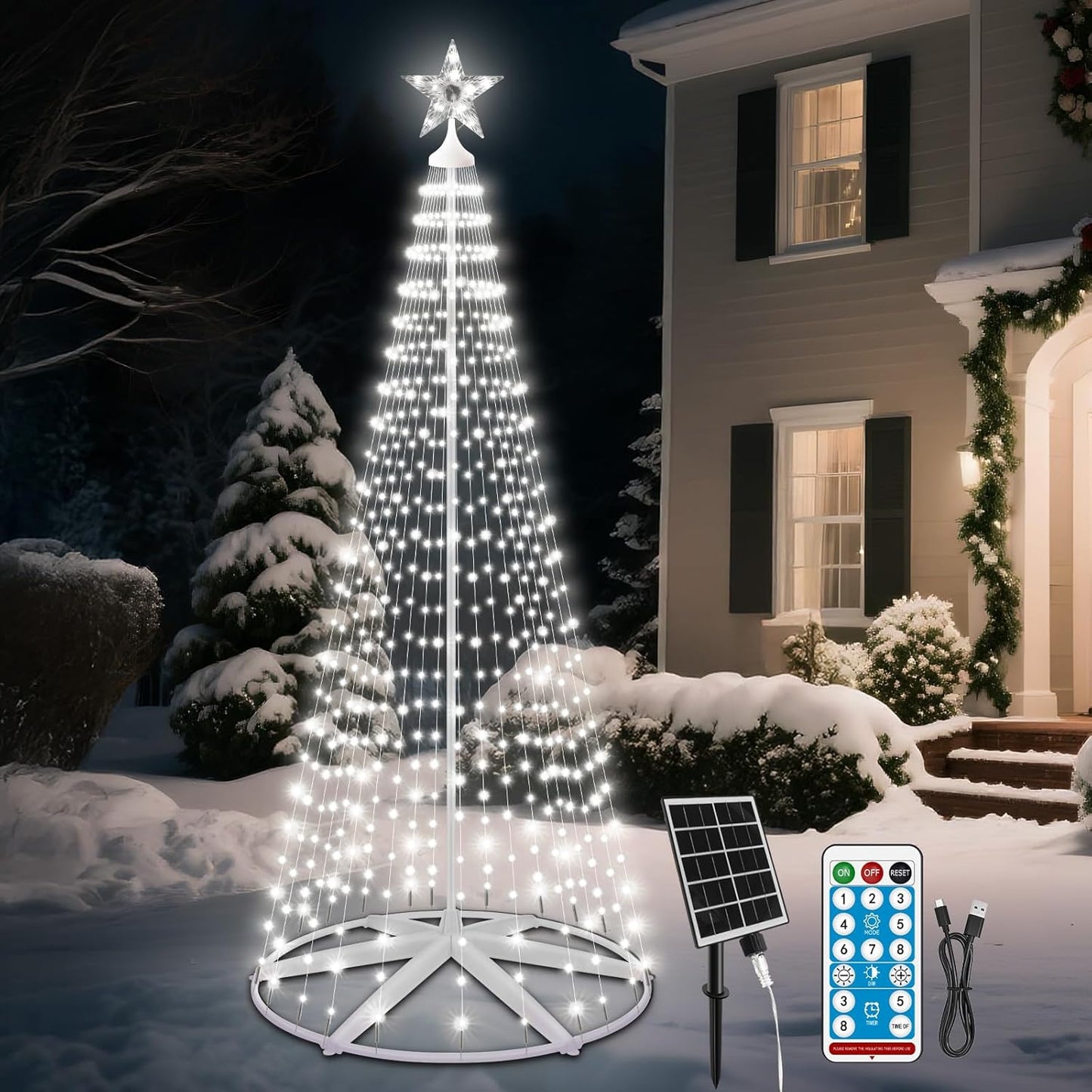 Outdoor Solar Christmas Cone Tree Lights, 8ft 444 LED Christmas Tree LightShow with 8 Modes Timer Remote, Lighted Artificial Tree USB Charge for Xmas Yard Porch Patio Party Holiday Decor, Cold White