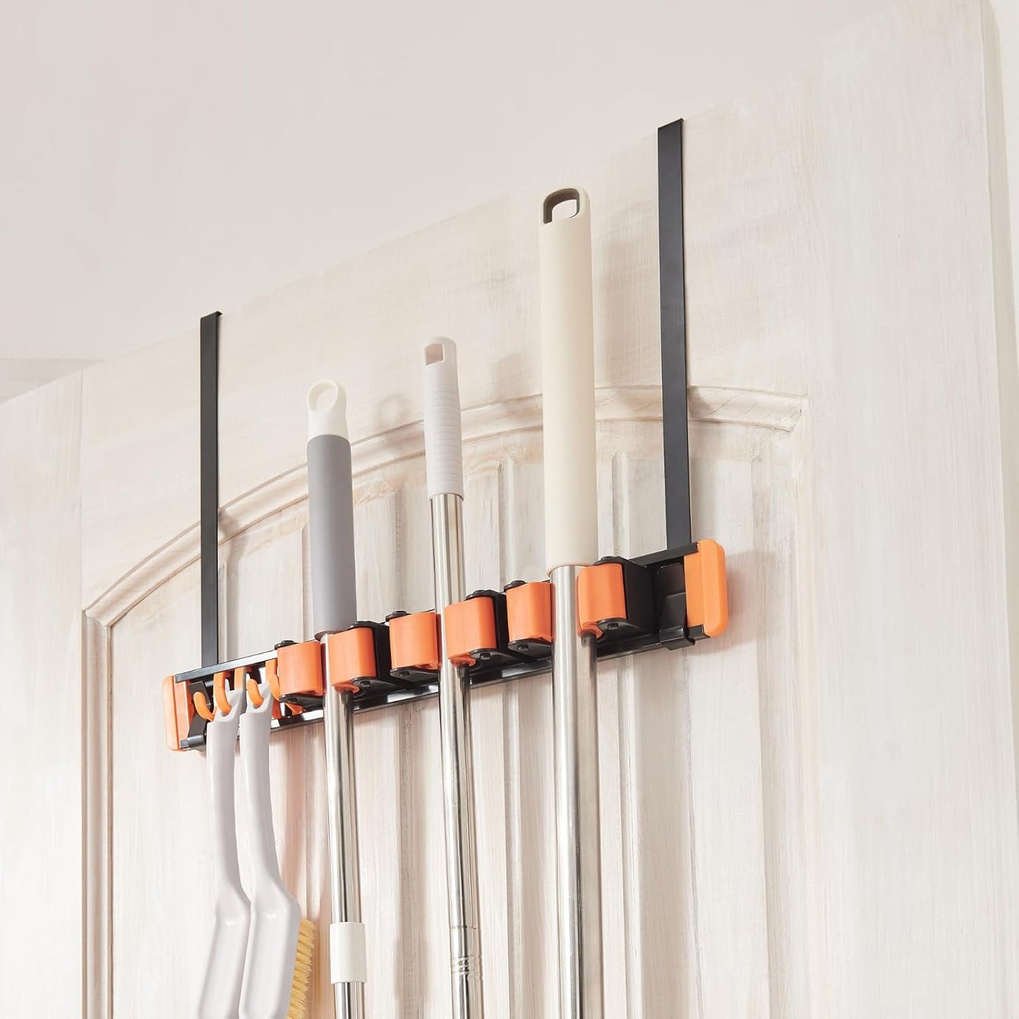 Unjumbly Broom Holder Wall Mount, Drilling Free Mop and Broom Holder with 2 Over Door Hooks, Tool Organizer for Laundry Room, Garage, Kitchen, Closet, Bathroom, Pantry - Orange