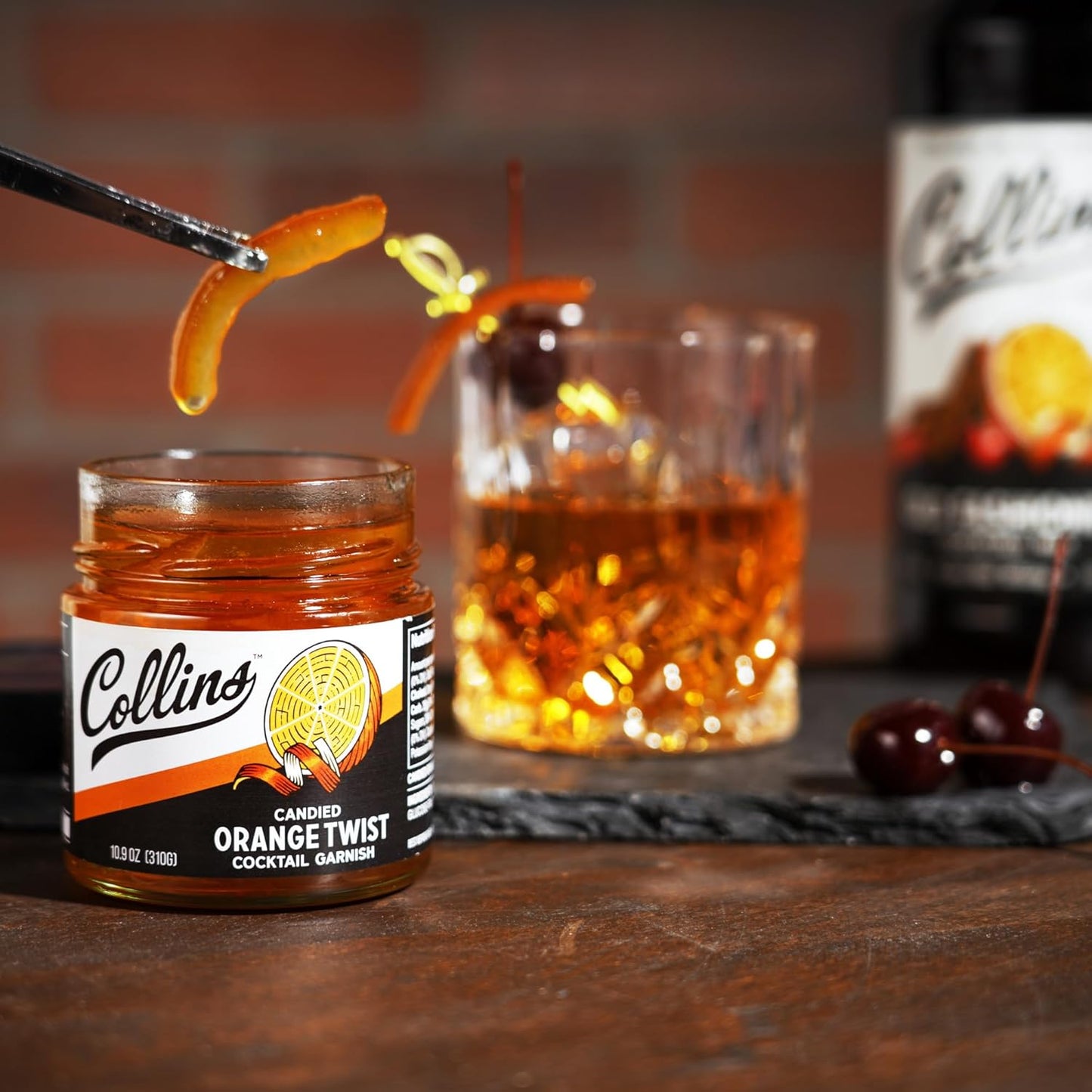 Collins Candied Fruit Orange Peel Twist in Syrup, Popular Cocktail Garnish for Skinny Margarita, Martini, Mojito, Orange Peel for Old Fashioned Drinks, Baking, Desserts, Salad, 10.9 oz