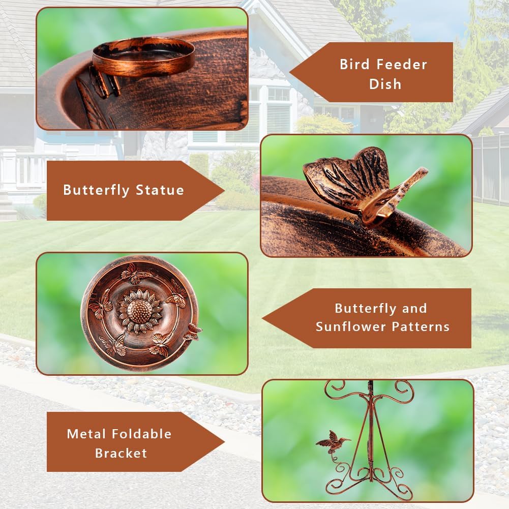 DREAMSOUL 13" Dia Bird Bath Stand with Folding Bracket, Vintage Copper Birdbath with Butterfly Pattern Metal Bird Bath for Outside