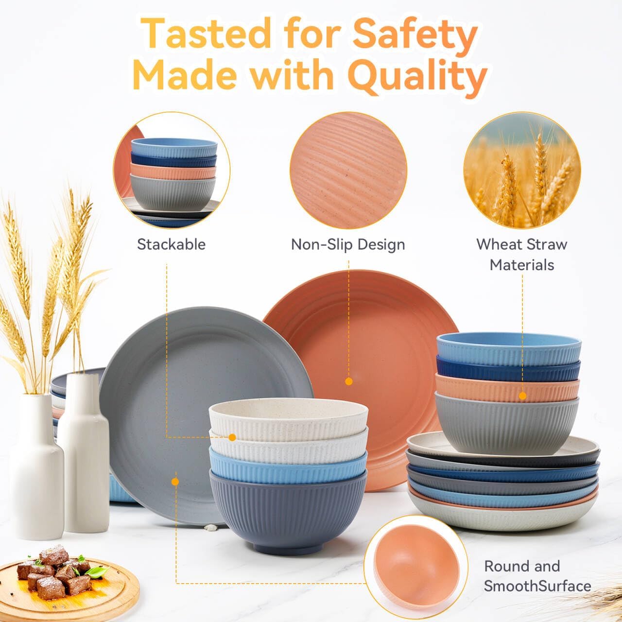 Wheat Straw Dinnerware Sets,64-Piece Black Plates and Bowls Sets for 8