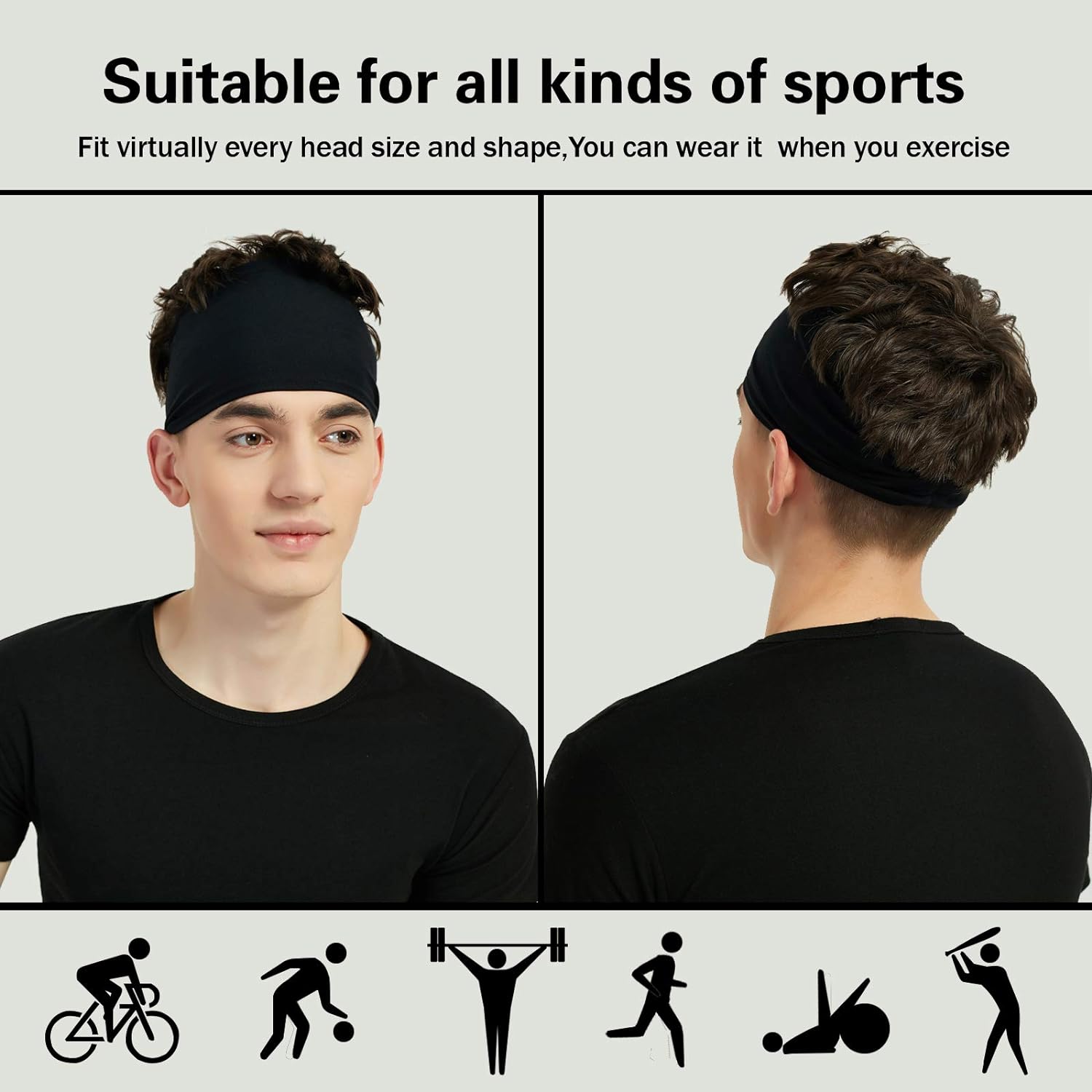 Sports Headbands for Men (5 Pack),Moisture Wicking Workout Headband, S