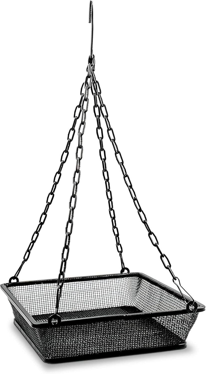 Monarch Abode Hanging Bird Feeder for Outdoors – Hanging Birdfeeder with Iron Mesh Seed Tray for Wild Birds, Matte Black Metal Decorative Wild Bird Feeder for Outside Garden Patio Deck Yard