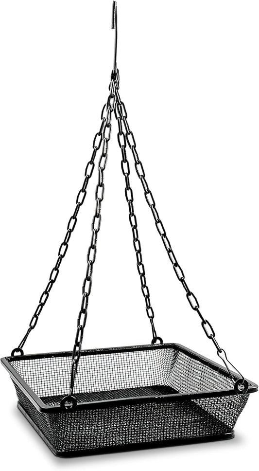 Monarch Abode Hanging Bird Feeder for Outdoors – Hanging Birdfeeder with Iron Mesh Seed Tray for Wild Birds, Matte Black Metal Decorative Wild Bird Feeder for Outside Garden Patio Deck Yard